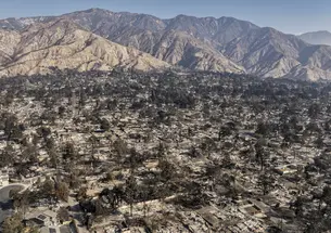Drone view of Altadena, California, after the Eaton fire destroyed much of it.