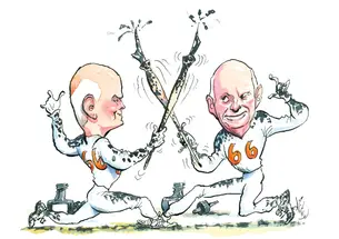 illustration of two men sword fighting with fountain pens