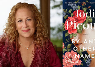 Jodi Picoult ’87 with the cover of her book, By Any Other Name, which has a painting of a woman's face with roses over her eyes.