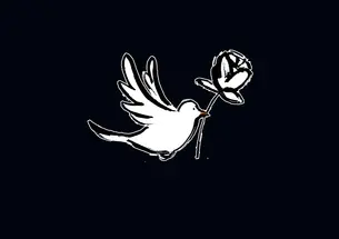 An illustration of a white dove flying while holding a flower in its beak, over a black background.