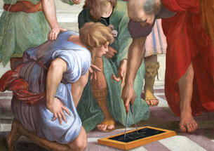 Detail of Raphael’s impression of Euclid teaching students in The School of Athens (1509–1511).