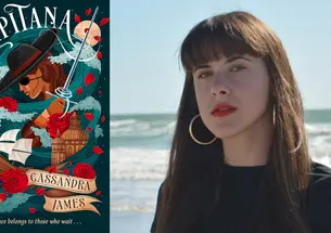 Photo of Cassandra James ’23 and the cover of her book "Capitana," featuring an illustration of a pirate.