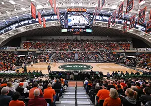 A wide-angle photo of the crowd surrounding Princeton's basketball court during Ivy Madness.