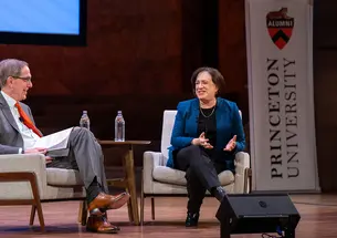 Christopher Eisgruber and Elena Kagan seated on stage at Richardson Auditorium