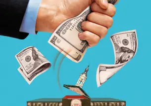 Fist cklenched with wads of money pulling money out of Nassau Hall