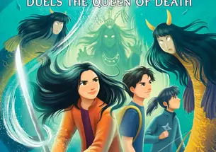 Drawn image of Momo Arashima holding a sword with two friends standing behind her and enemies lurking.