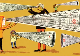 illustration of students looking to the future thorugh rolled up calendars that look like telescopes