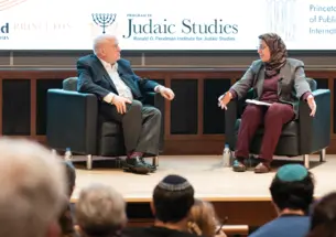 Dean Amaney Jamal, right, at a November 2023 discussion on Israel and Gaza, wants SPIA students to be well versed in international and domestic affairs.