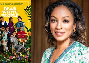 Photo of Natalie Temesgen with the poster for "Dear White People."