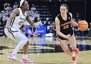 Skye Belker ’27 drives to the basket in Princeton’s 2024 NCAA Tournament game against West Virginia