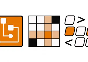 Three icons from PAW's games page, representing crossword and logic puzzles with various orange, white, and black grids.