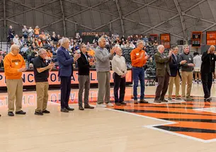 Members of the 1975 NIT championship team at Jadwin Gym