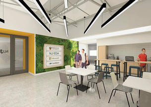 Rendering of a bright room with chairs and tables.