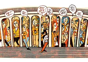 illustrations of lots of students talking in Roberts Hall