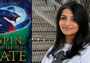A photo of Ambika Vora-Nagino ’15 and the cover of her book, "Spin of Fate," featuring a green-and-blue image of a fantasy bird with a long neck.
