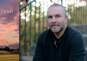 Will Bardenwerper and the cover of his book, "Homestand," featuring a photo of a local ballpark at sunset.