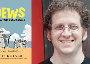 A headshot photo of Rob Kutner ’94 and the cover of his book, "The Jews," with an illustration of Moses checking his cell phone, which reads, "40 years to destination."