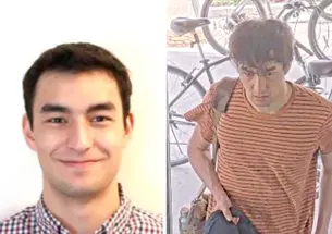 LaurenBlackburn.jpg Two images of Lauren Blackburn ’26, a young man with dark hair and light skin. One is a smiling headshot photo; the other appears to be from a security camera capturing him walking into a building.