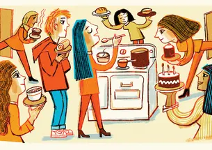 Illustration of multiple students brining food to a shared meal