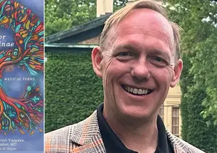 Ron Roessler ’96 and the cover of his book, Arbor Medicinae, featuring an illustration of a twisty tree.