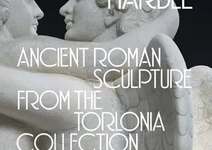 Myth & Marble cover is a close up of one of the sculptures of two women embracing. The background is black and text is white.