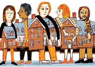 Illustration of Forbes Hall being held up by many students