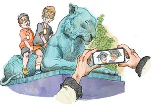 RG_Kids Essay.jpg Illustration of two young boys sitting on the Princeton Tiger statue's and having their picture taken