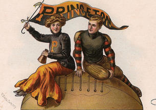 old Princeton postcard featuring a woman and man sitting on a football in Princeton gear with a Princeton flag