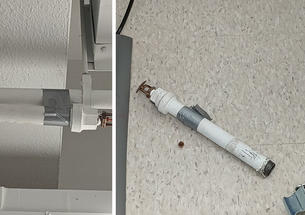 Left, a sprinkler pipe secured with duct tape, and right, a pipe that fell to the floor