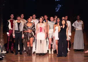 Jeanie Chang ’25 with the models from her senior thesis runway show, Metanoilepsis.