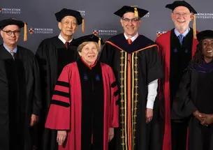 Princeton recognized six individuals, including two emeritus faculty, with honorary doctorates at Commencement, standing from left yaghi; tsui, malkiel, eisgruber ’83, Boger, ifill