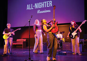 Callista Chong ’27 shreds a solo during a rendition of “Sweet Child ’o Mine,” as performed by Casual Riot. Other members include, from left, guitarist Rohan Sykora ’27, lead singer Nina Weeldreyer ’26, drummer Garrett McKenzie ’28, and bassist Sam Berk ’28.