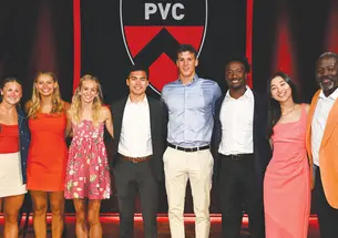 from left: Coene ’25, Seltzer ’25, Scatchard ’25, Rosini ’25, Pozaric ’25, Mudashiru ’25, Zhao ’25, and John Mack ’00