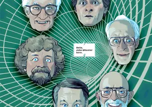 Illustration of six scientists heads floating in a wormhole with a speech bubble that reads, Hello, John Wheeler Here