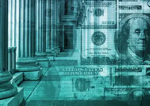 Photo illustration of a hallway with white Greek columns along the left side, with $100 bills superimposed over the right side. A blue-green wash goes over the whole illustration.