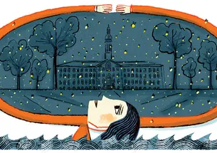Illustration of a student laying on Nassau Hall grass staring up at fireflies