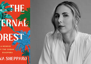 Elena Sheppard ’09 and the cover of her book, The Eternal Forest, illustrated with blue and green palm trees on an orange background.