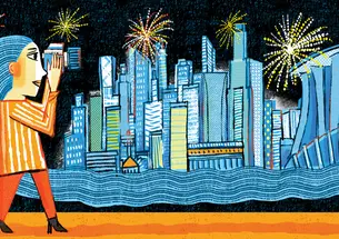 Illustrations of a woman holding a camera taking a photo of downtown Singapore while fireworks explode in the sky
