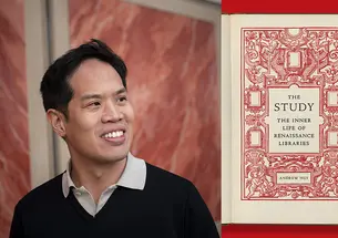 Andew Hui and the red-and-white cover of his book.
