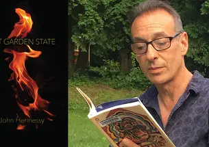 John Hennessy and his book, Exit Garden State, with a photo of fire on the cover.