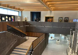 A view from the second floor of the Princeton University Art Museum, looking down the main staircase.
