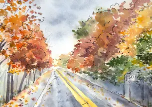 Watercolor of a road expanding into the horizon with fall trees on either side