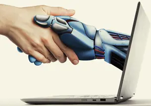 Illustration of a human hand shaking hand with a cyborg hand coming out of a laptop