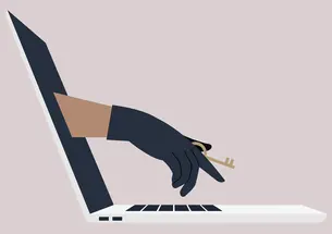 illustration of a gloved hand reaching out from a computer screen with a key and reaching for the keyboard