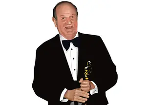 PORTRAIT_ Bo Goldman.jpg illustration of Robert “Bo” Goldman ’53 in a tuxedo holding an Oscar statue