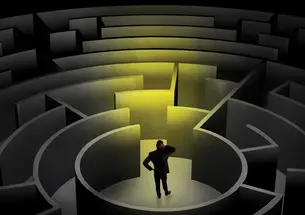 RESEARCH_Decision Maze.jpg illustration of a person in a dark maze trying to decide which way to go