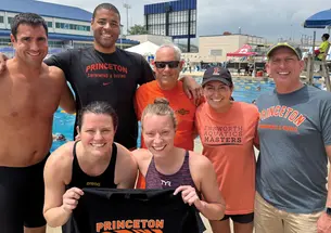 Alumni active in masters swimming include, back row from left, Juan Valdivieso ’04, Julian Mackrel ’17, Bob Anderson ’77, Chris McPherson ’89, and Greg Oxley ’81; and front row from left, Liz McDonald ’16 and Nikki Larson ’16.