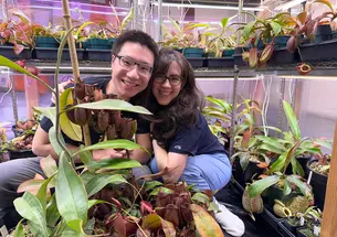 Kevin Zhang and Sarah Santucci in a greenhouse surrounded by carnivorous plants.