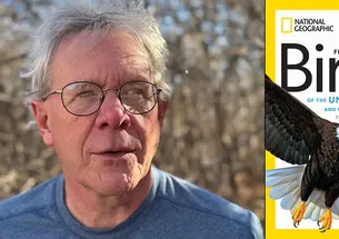 Ted Floyd and the cover of his National Geograph birding guide.