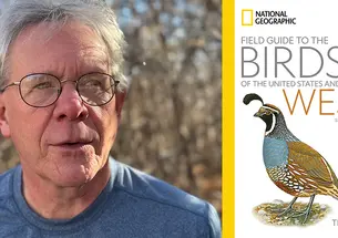 Ted Floyd and the cover of his book, "Field Guide to the Birds of the US and Canada West."
